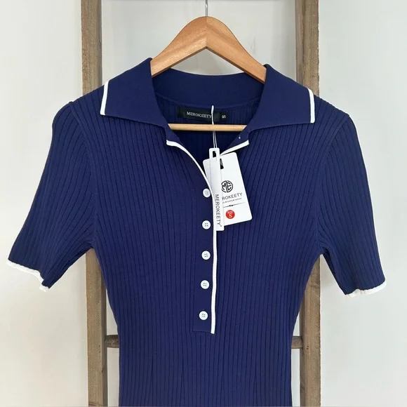 Merokeety Ribbed Knit MIDI Polo Dress Blue Button V-Neck Size S NWT Old Money - Picture 4 of 9